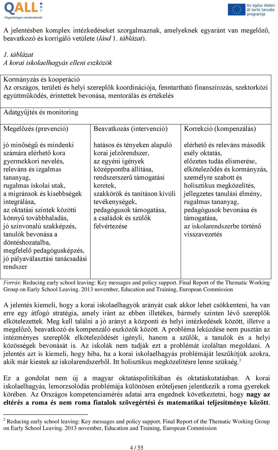 táblázat A korai iskolaelhagyás elleni eszközök Kormányzás és kooperáció Az országos, területi és helyi szereplők koordinációja, fenntartható finanszírozás, szektorközi együttműködés, érintettek