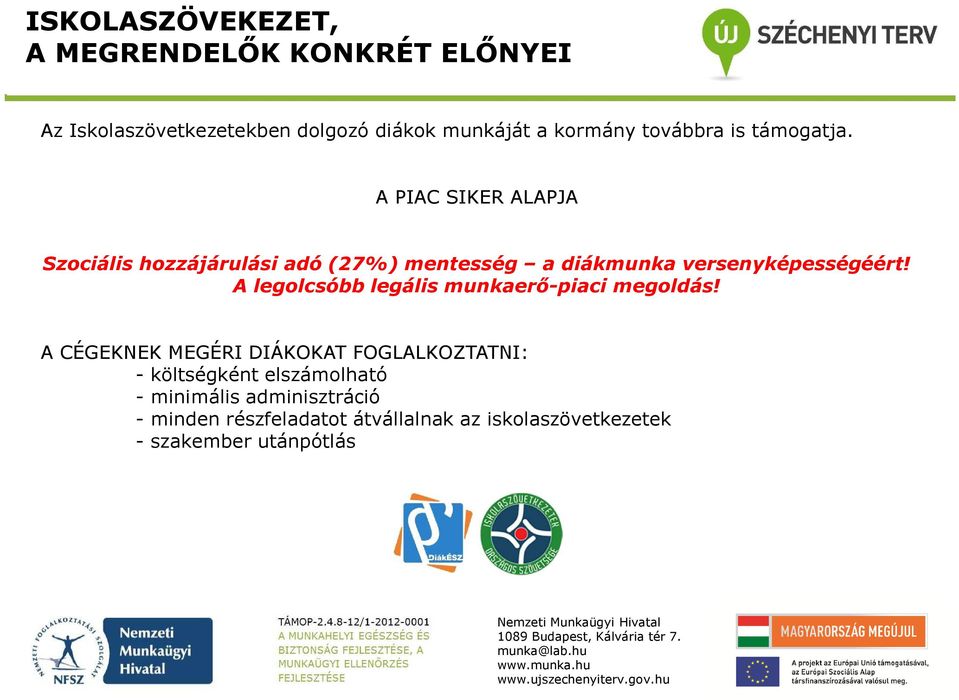 A PIAC SIKER ALAPJA Szociális hozzájárulási adó (27%) mentesség a diákmunka versenyképességéért!