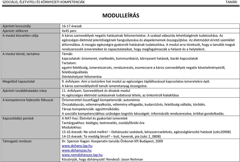 Az egészséges életmód jelentőségének hangsúlyozása és alapelemeinek összegyűjtése. Az életmódot érintő szemlélet átformálása. A mozgás egészségre gyakorolt hatásának tudatosítása.