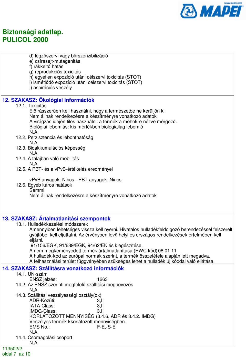 . SZAKASZ: Ökológiai információk 12
