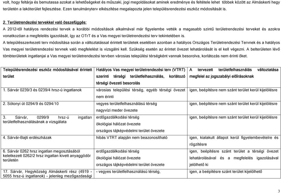 Területrendezési tervekkel való összefüggés: A 2012-től hatályos rendezési tervek a korábbi módosítások alkalmával már figyelembe vették a magasabb szintű területrendezési terveket és azokra