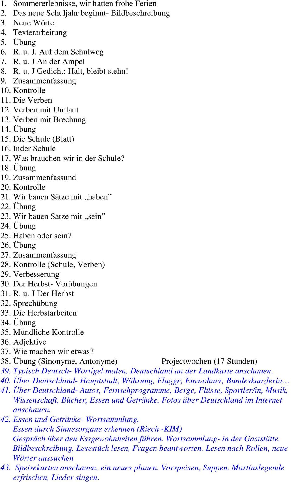 Zusammenfassund 20. Kontrolle 21. Wir bauen Sätze mit haben 22. Übung 23. Wir bauen Sätze mit sein 24. Übung 25. Haben oder sein? 26. Übung 27. Zusammenfassung 28. Kontrolle (Schule, Verben) 29.