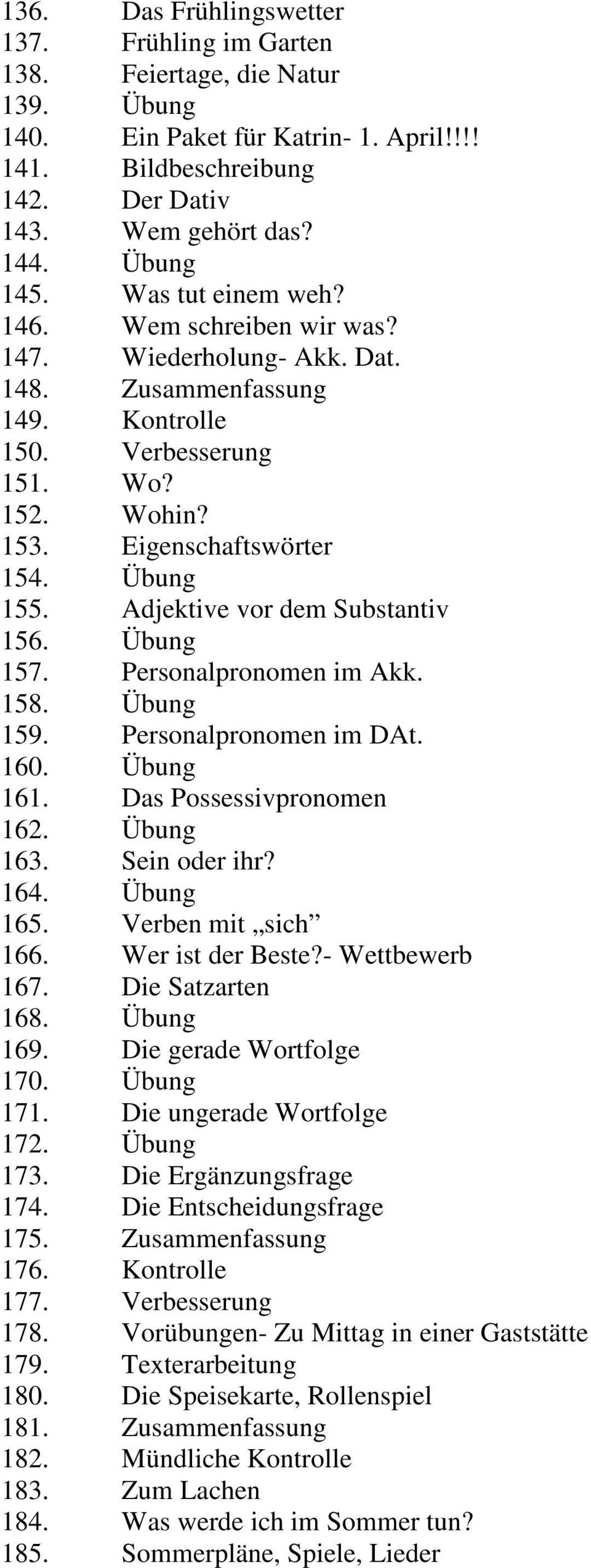 Adjektive vor dem Substantiv 156. Übung 157. Personalpronomen im Akk. 158. Übung 159. Personalpronomen im DAt. 160. Übung 161. Das Possessivpronomen 162. Übung 163. Sein oder ihr? 164. Übung 165.