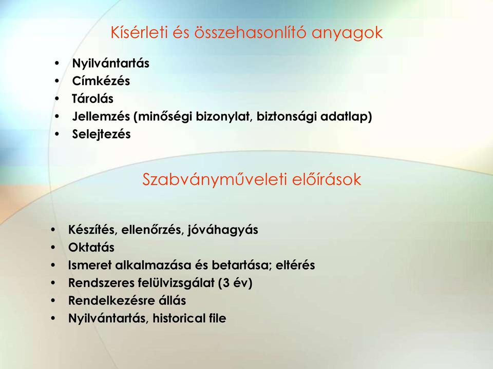 Készítés, ellenőrzés, jóváhagyás Oktatás Ismeret alkalmazása és betartása;