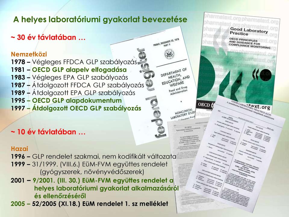 10 év távlatában Hazai 1996 GLP rendelet szakmai, nem kodifikált változata 1999 31/1999. (VIII.6.) EüM-FVM együttes rendelet (gyógyszerek, növényvédőszerek) 2001 9/2001.
