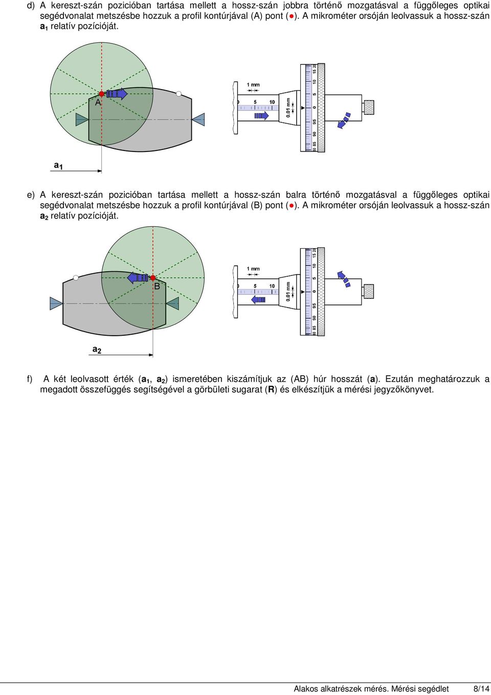 e) A kereszt-szán pozicióban tartása mellett a hossz-szán balra történı mozgatásval a függıleges optikai segédvonalat metszésbe hozzuk a profil kontúrjával (B) pont ( ).