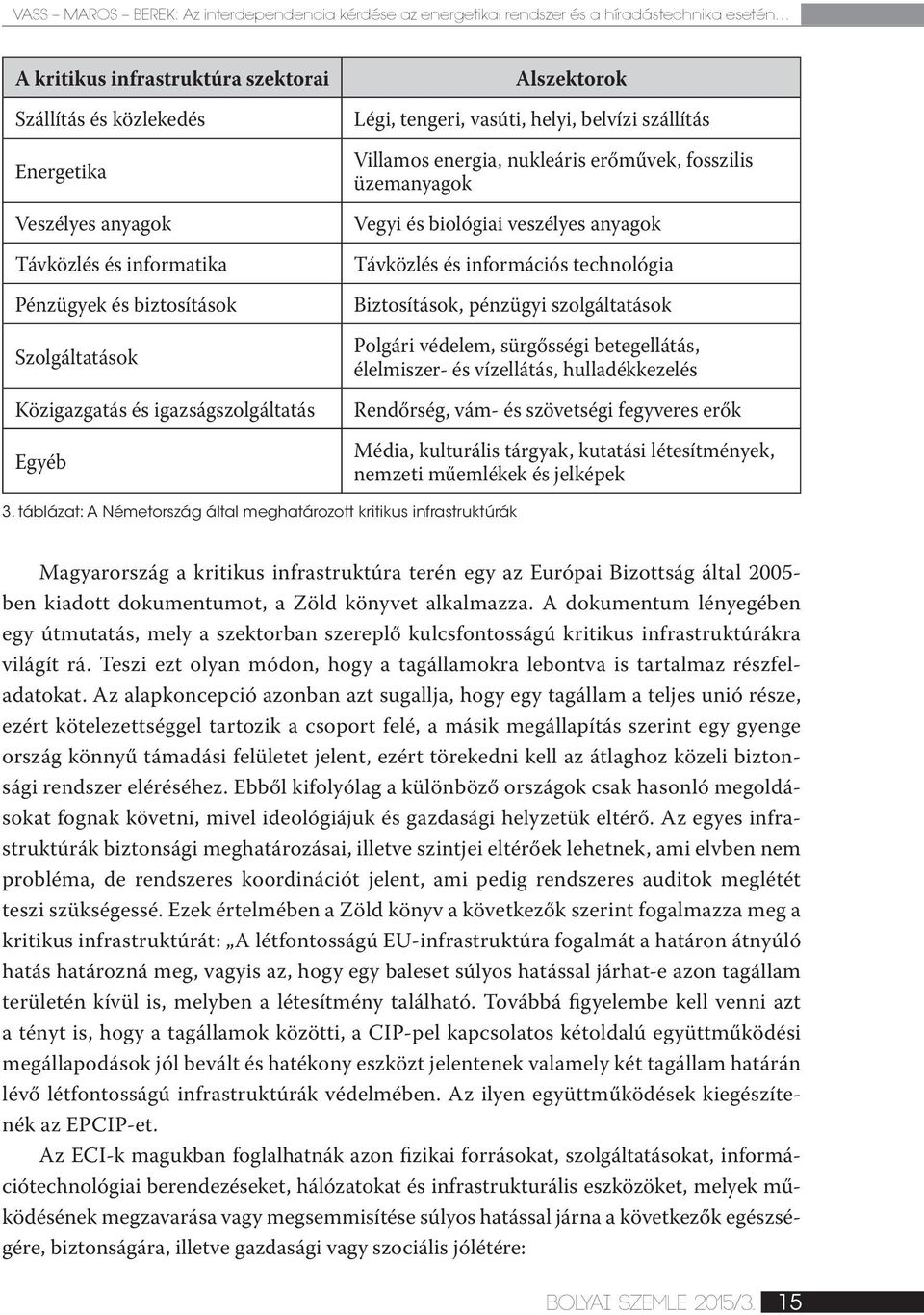 fosszilis üzemanyagok Vegyi és biológiai veszélyes anyagok Távközlés és információs technológia Biztosítások, pénzügyi szolgáltatások Polgári védelem, sürgősségi betegellátás, élelmiszer- és