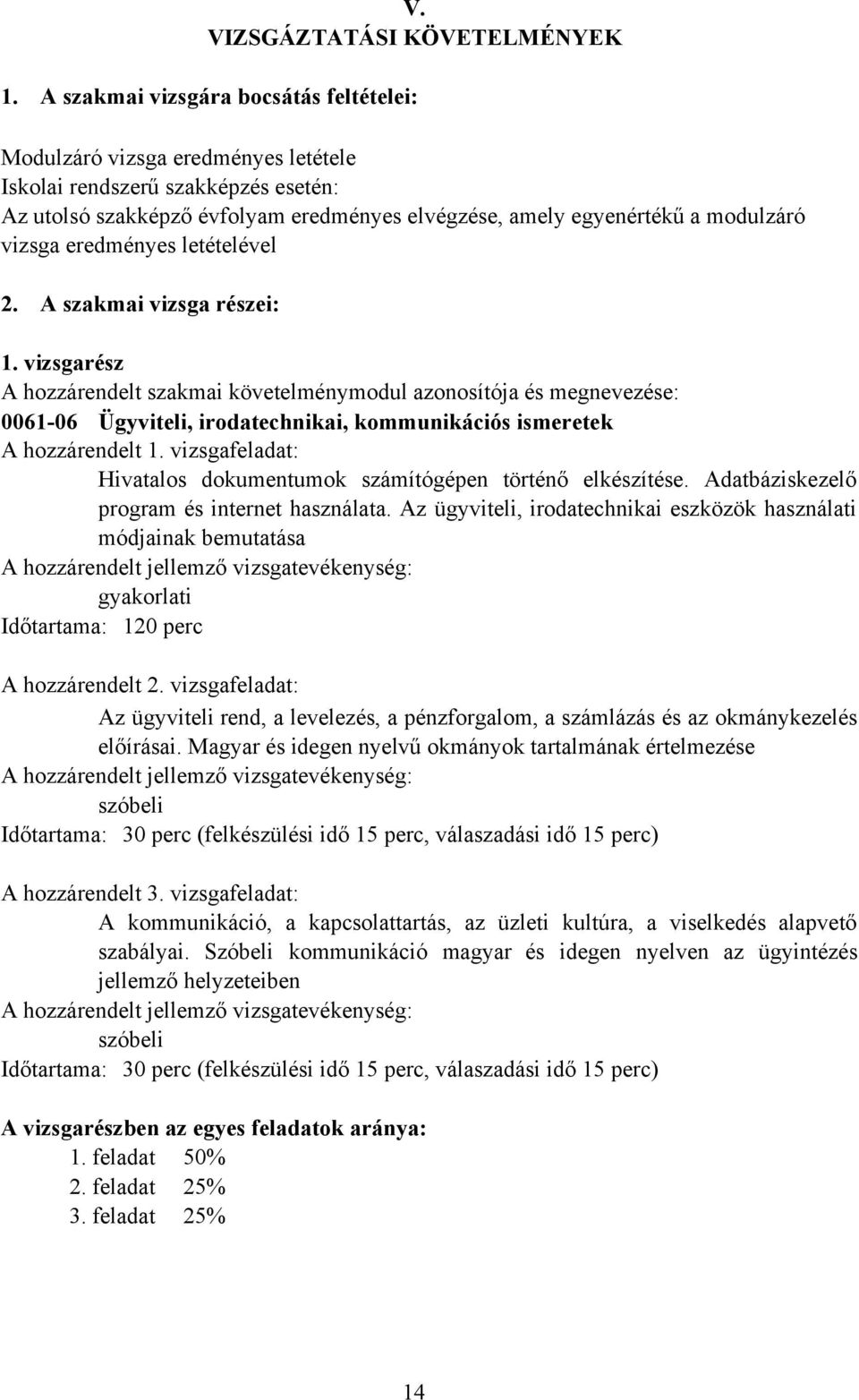 vizsga eredményes letételével 2. A szakmai vizsga részei: 1.