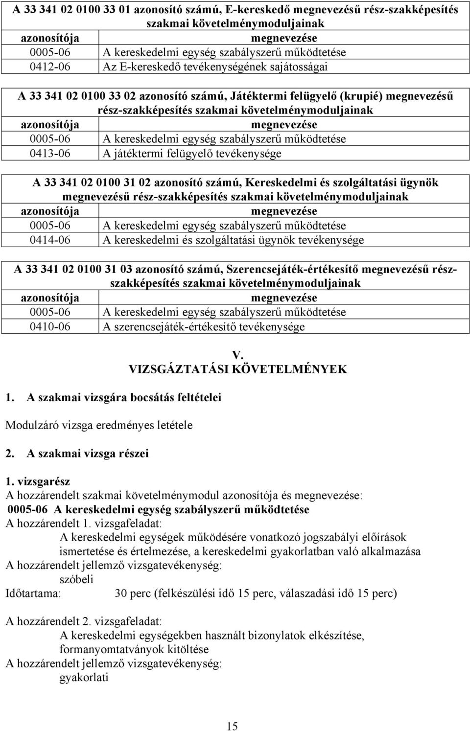 megnevezése 0005-06 A kereskedelmi egység szabályszerű működtetése 0413-06 A játéktermi felügyelő tevékenysége A 33 341 02 0100 31 02 azonosító számú, Kereskedelmi és szolgáltatási ügynök megnevezésű
