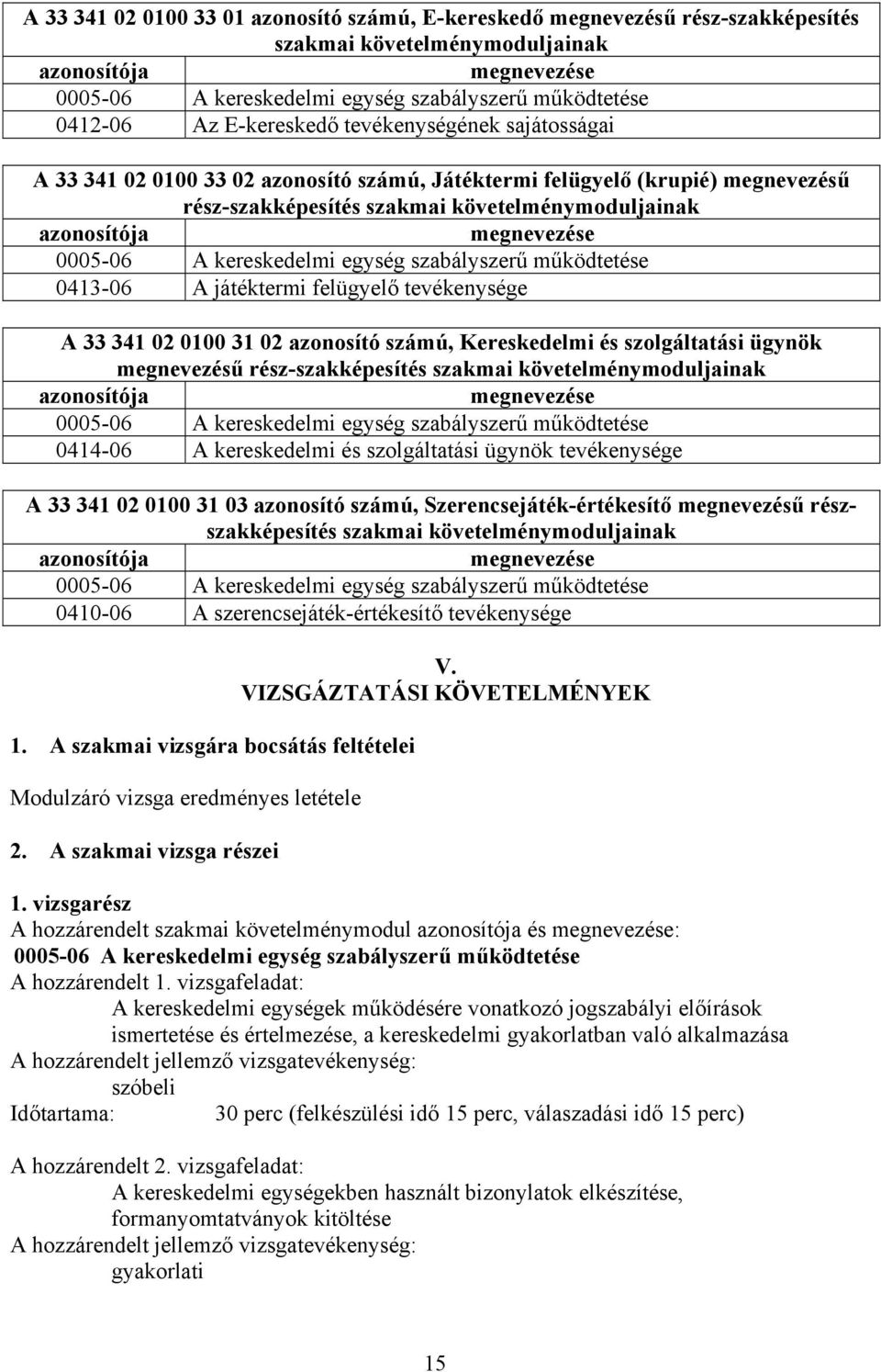 megnevezése 0005-06 A kereskedelmi egység szabályszerű működtetése 0413-06 A játéktermi felügyelő tevékenysége A 33 341 02 0100 31 02 azonosító számú, Kereskedelmi és szolgáltatási ügynök megnevezésű