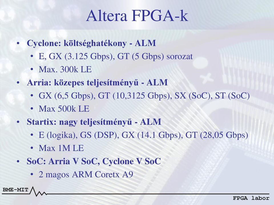 300k LE Arria: közepes teljesítményű - ALM GX (6,5 Gbps), GT (10,3125 Gbps), SX (SoC),