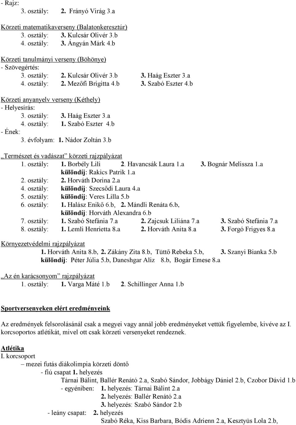b Körzeti anyanyelv verseny (Kéthely) - Helyesírás: 3. osztály: 3. Haág Eszter 3.a 4. osztály: 1. Szabó Eszter 4.b - Ének: 3. évfolyam: 1. Nádor Zoltán 3.