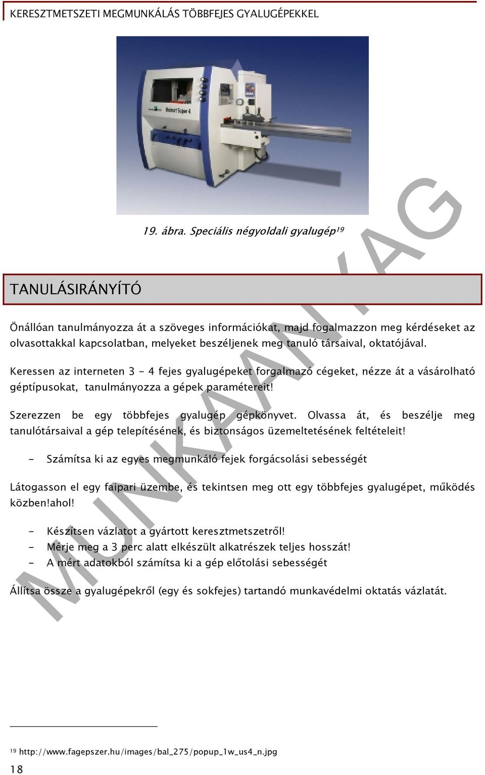 oktatójával. Keressen az interneten 3-4 fejes gyalugépeket forgalmazó cégeket, nézze át a vásárolható géptípusokat, tanulmányozza a gépek paramétereit! Szerezzen be egy többfejes gyalugép gépkönyvet.