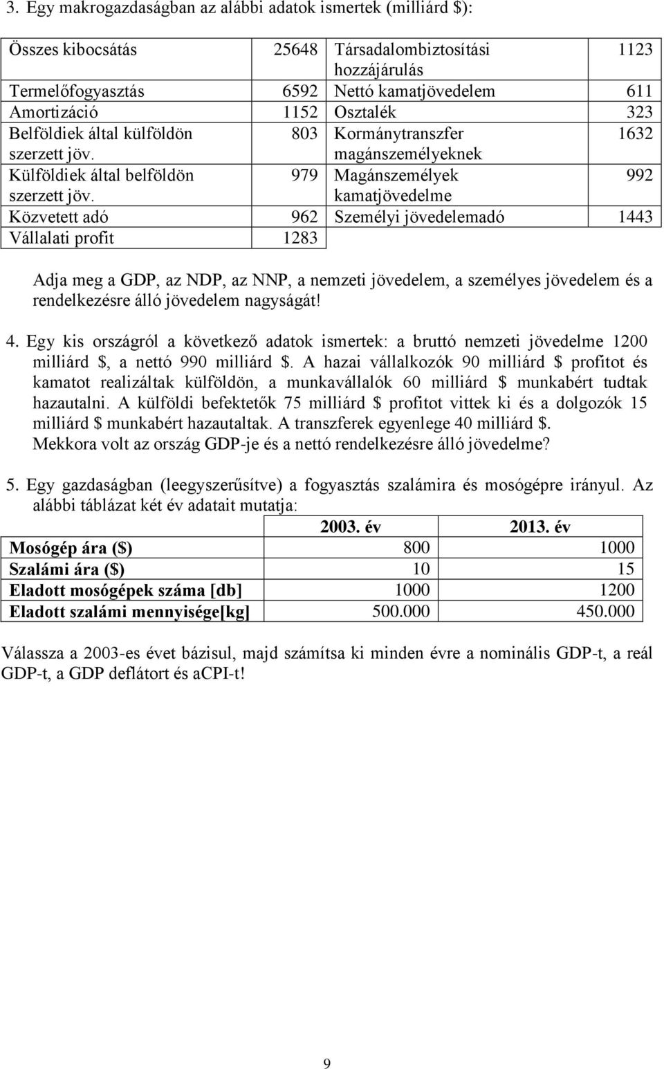 kamatjövedelme Közvetett adó 962 Személyi jövedelemadó 1443 Vállalati profit 1283 Adja meg a GDP, az NDP, az NNP, a nemzeti jövedelem, a személyes jövedelem és a rendelkezésre álló jövedelem