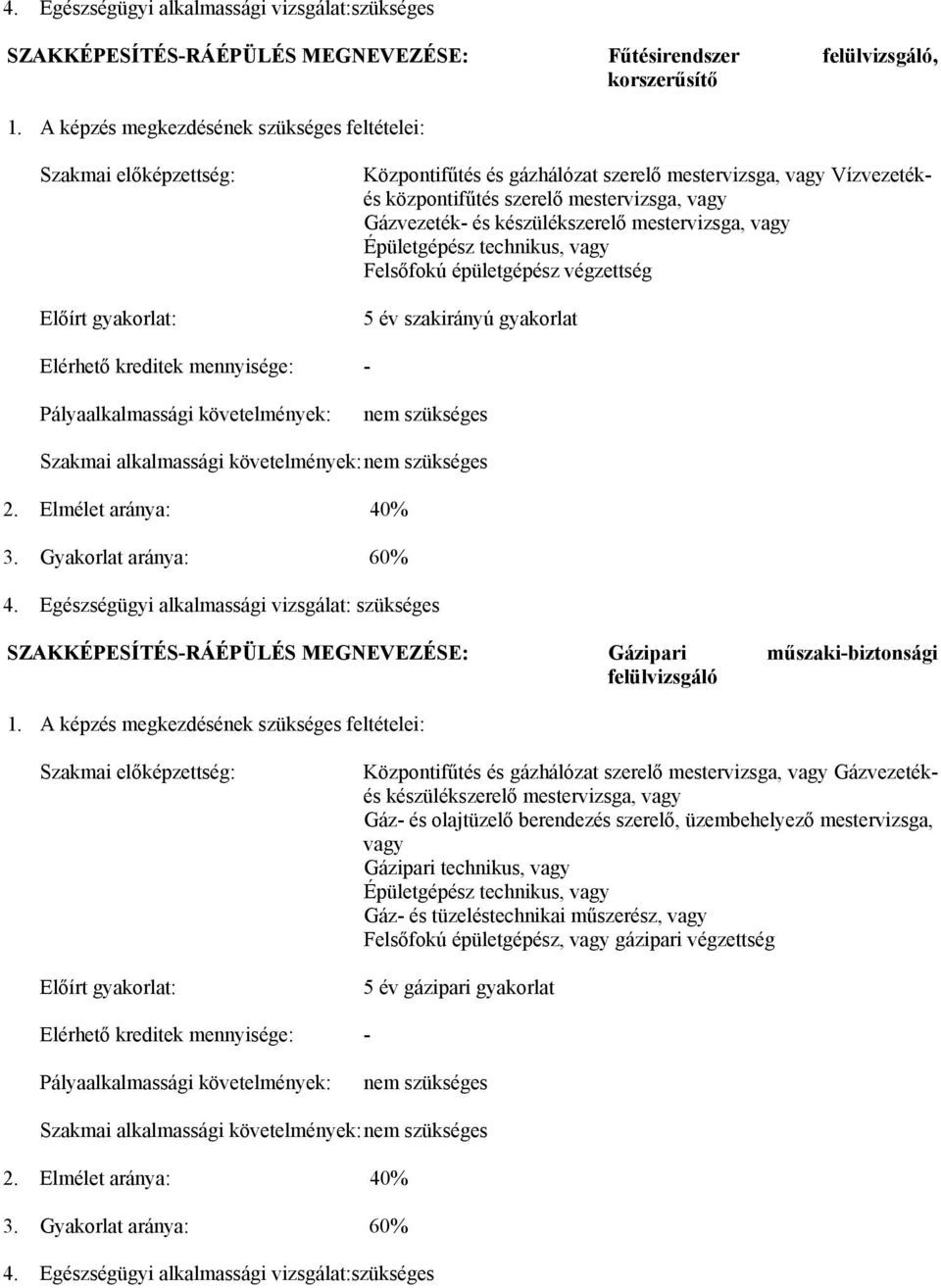 Gázvezeték- és készülékszerelő mestervizsga, vagy Épületgépész technikus, vagy Felsőfokú épületgépész végzettség 5 év szakirányú gyakorlat Elérhető kreditek mennyisége: - Pályaalkalmassági