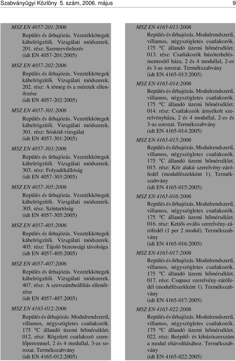 rész: A tömeg és a méretek ellen- órzése (idt EN 4057-202:2005) MSZ EN 4057-301:2006 Repülés és úrhajózás. Vezetékkötegek kábelrögzít ói. Vizsgálati módszerek. 301.