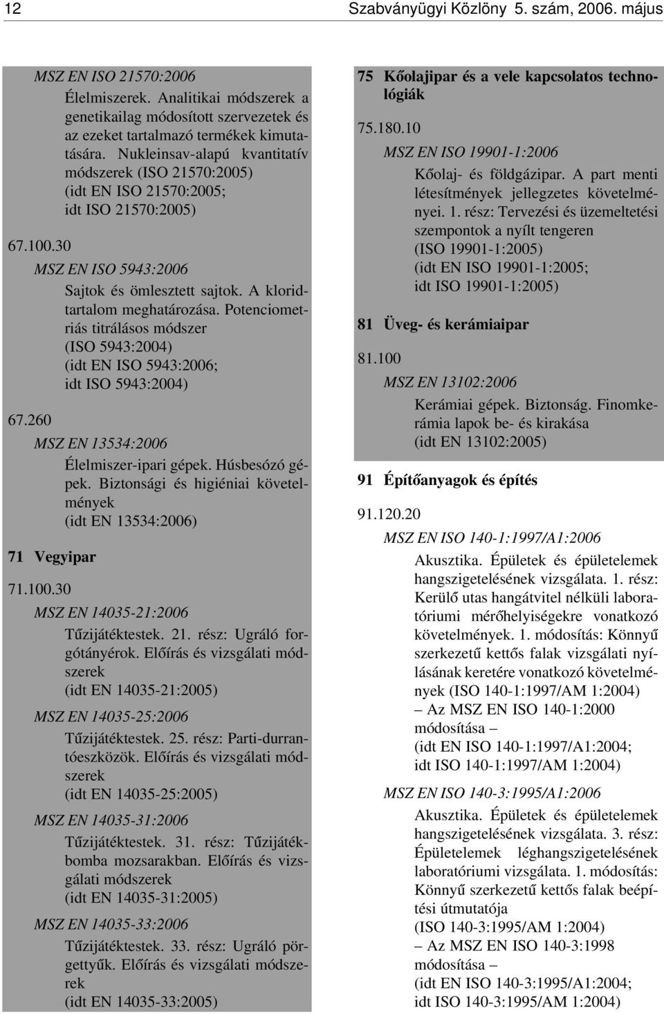 Potenciometriás titrálásos módszer (ISO 5943:2004) (idt EN ISO 5943:2006; idt ISO 5943:2004) 67.260 MSZ EN 13534:2006 Élelmiszer-ipari gépek. Húsbesózó gépek.