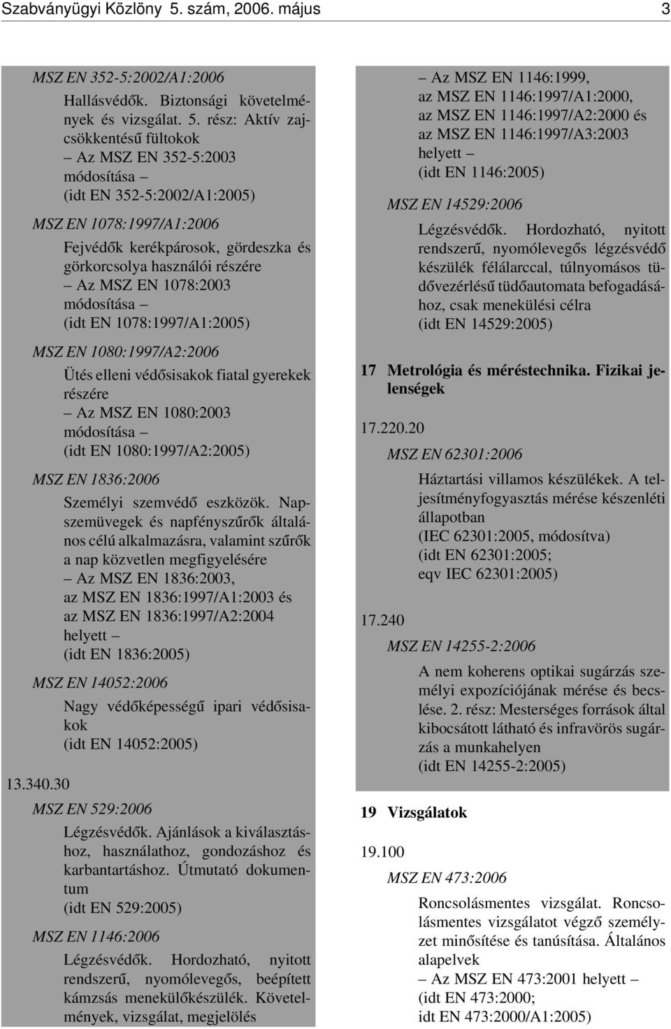rész: Aktív zajcsökkentés ú fültokok Az MSZ EN 352-5:2003 módosítása (idt EN 352-5:2002/A1:2005) MSZ EN 1078:1997/A1:2006 Fejvéd ók kerékpárosok, gördeszka és görkorcsolya használói részére Az MSZ EN