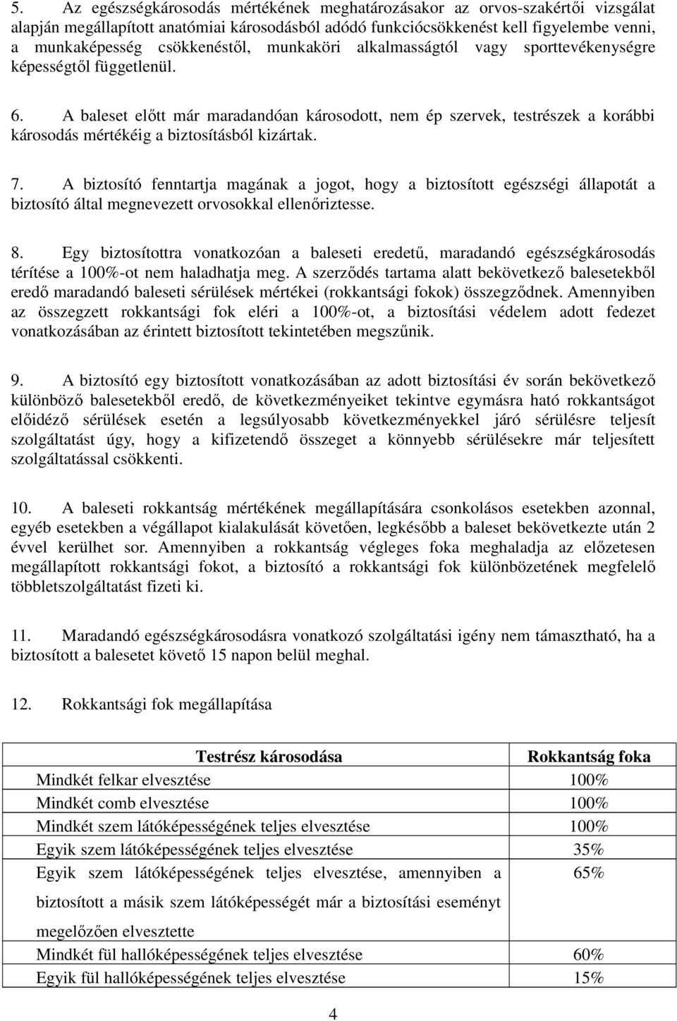 A baleset előtt már maradandóan károsodott, nem ép szervek, testrészek a korábbi károsodás mértékéig a biztosításból kizártak. 7.