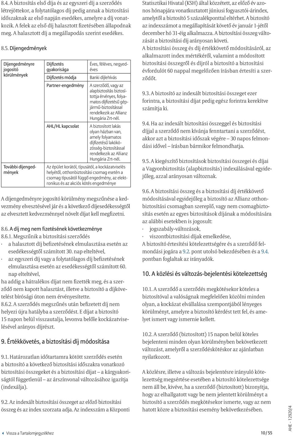 Díjengedmények Díjengedményre jogosító körülmények További díjengedmények Díjfizetés gyakorisága Díjfizetés módja Partner-engedmény AHL/HL kapcsolat Éves, féléves, negyedéves Banki díjlehívás A