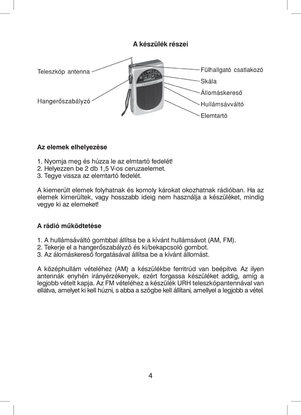 A hullámsáváltó gombbal állítsa be a kívánt hullámsávot (AM, FM). 2. Tekerje el a hangerôszabályzó és ki/bekapcsoló gombot. 3. Az álomáskeresô forgatásával állítsa be a kívánt állomást.