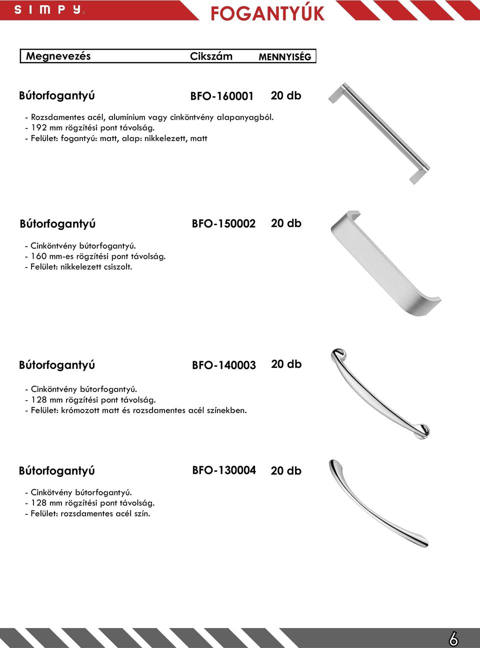 - 160 mm-es rögzítési pont távolság. - Felület: nikkelezett csiszolt. BFO-102 Bútorfogantyú BFO-103 - Cinköntvény bútorfogantyú.