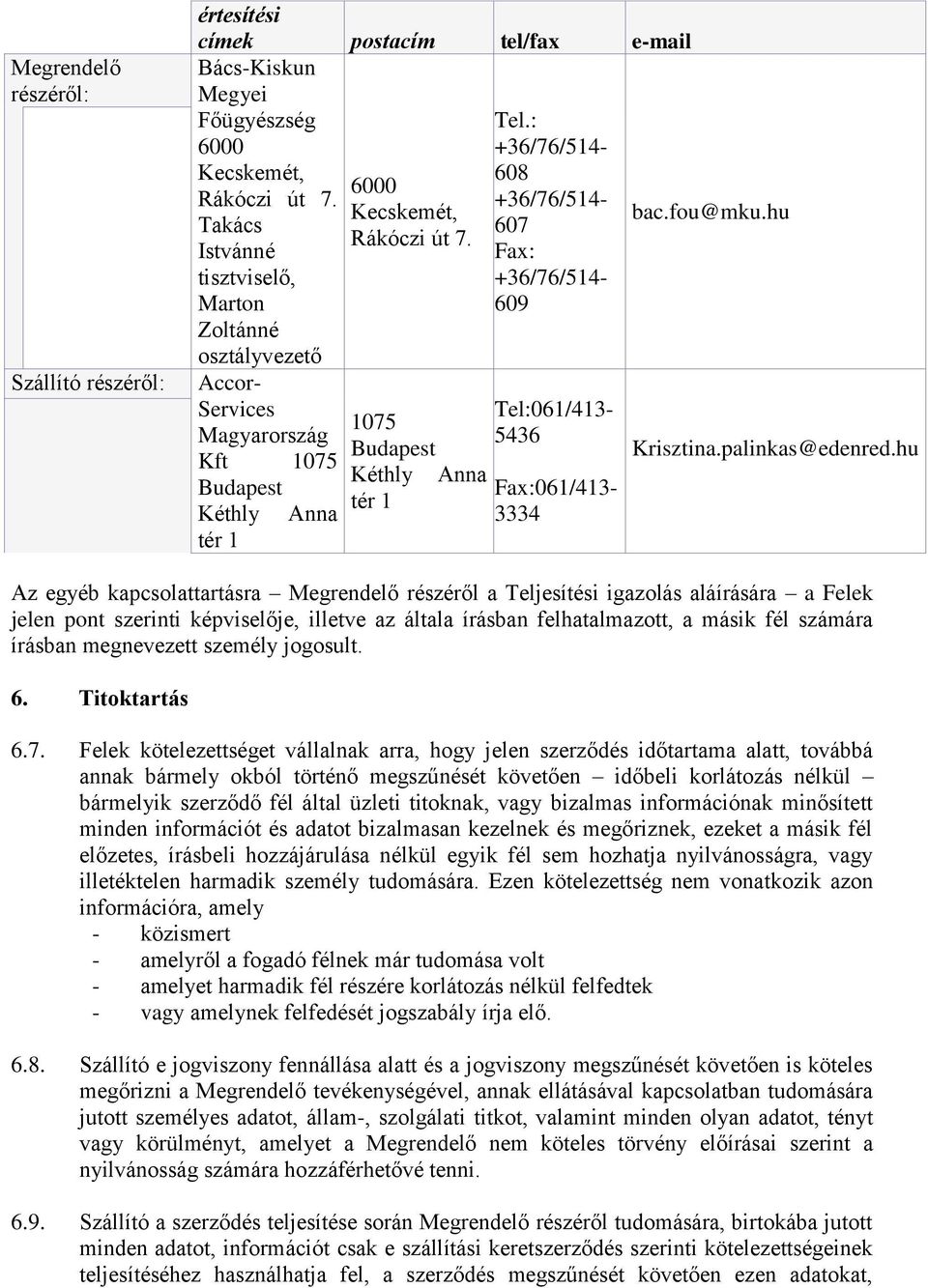 Istvánné Fax: tisztviselő, +36/76/514- Marton 609 Zoltánné osztályvezető Accor- Services Magyarország Kft 1075 Budapest Kéthly tér 1 Anna 1075 Budapest Kéthly Anna tér 1 Tel:061/413-5436