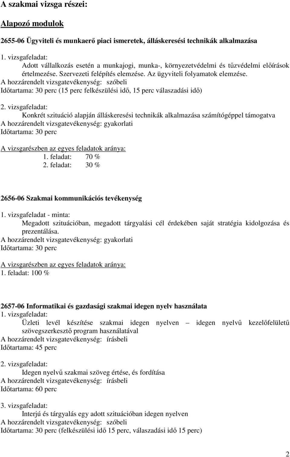 A hozzárendelt vizsgatevékenység: szóbeli Időtartama: 30 perc (15 perc felkészülési idő, 15 perc válaszadási idő) 2.