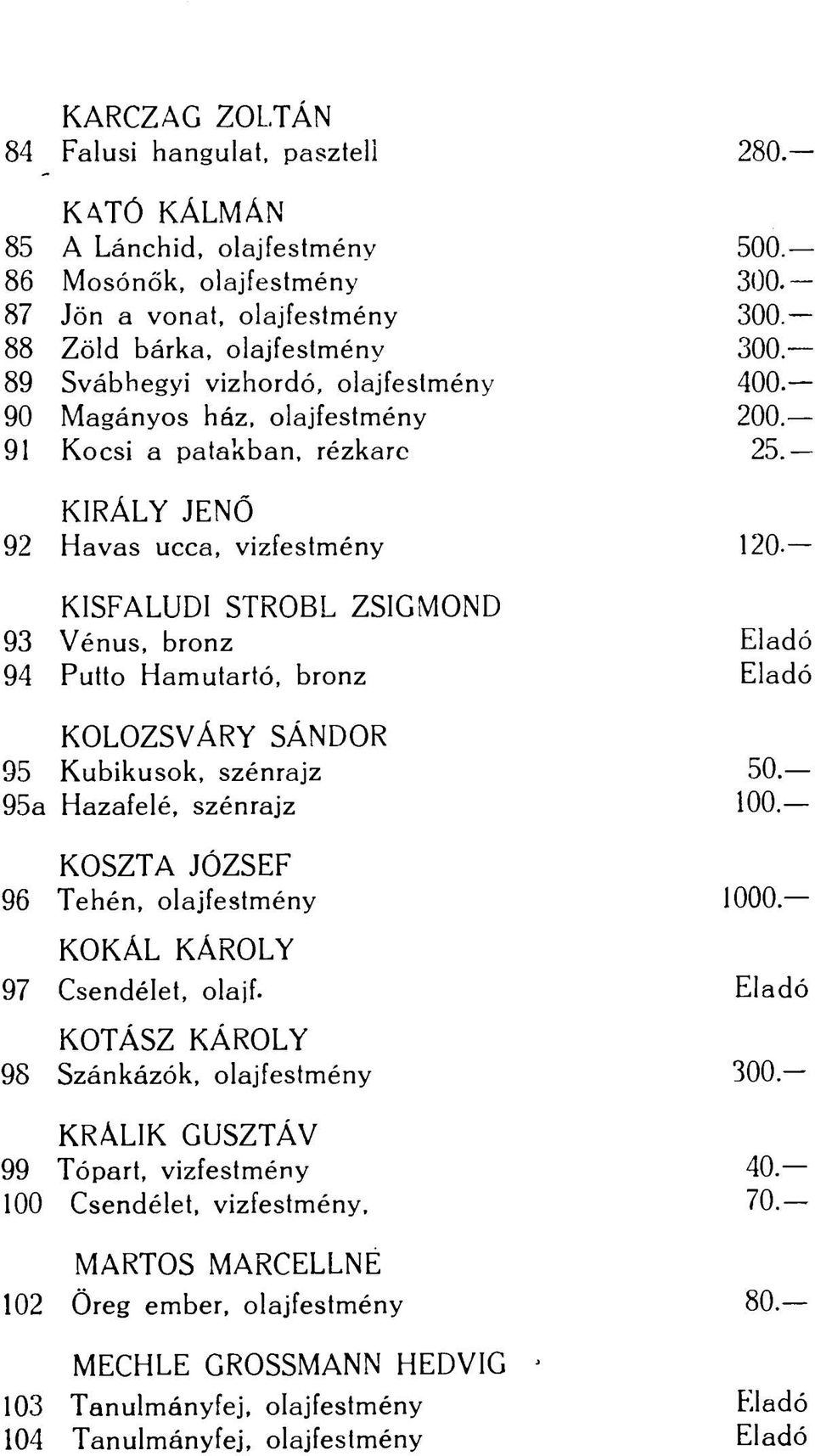 KISFALUDI STRÓBL ZSIGMOND 93 Vénus, bronz Eladó 94 Puttó Hamutartó, bronz Eladó KOLOZSVÁRY SÁNDOR 95 Kubikusok, szénrajz 50. 95a Hazafelé, szénrajz 100.- KOSZTA JÓZSEF 96 Tehén, olajfestmény 1000.