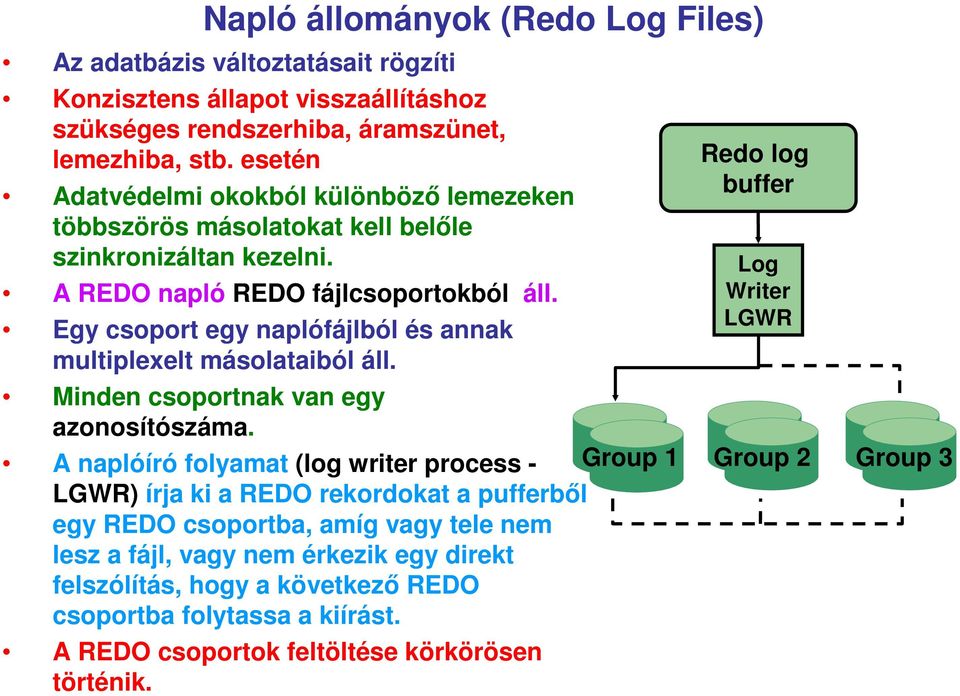 Egy csoport egy naplófájlból és annak multiplexelt másolataiból áll. Minden csoportnak van egy azonosítószáma.