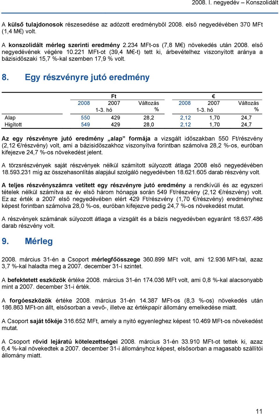 Egy részvényre jutó eredmény Ft 2008 2007 Változás 2008 2007 1-3. hó % 1-3.