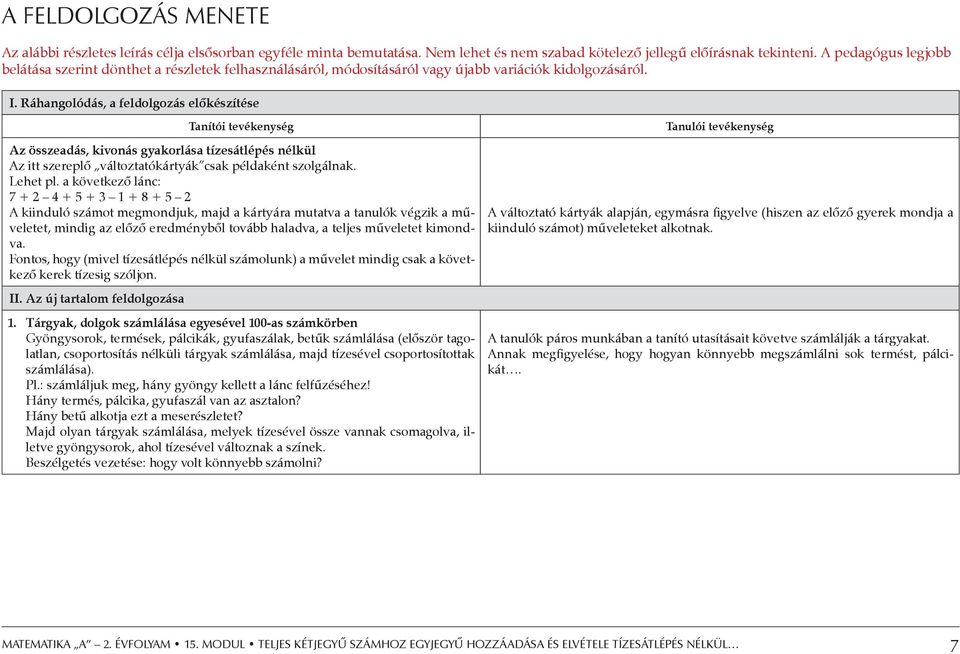 Ráhangolódás, a feldolgozás előkészítése Tanítói tevékenység Az összeadás, kivonás gyakorlása tízesátlépés nélkül Az itt szereplő változtatókártyák csak példaként szolgálnak. Lehet pl.