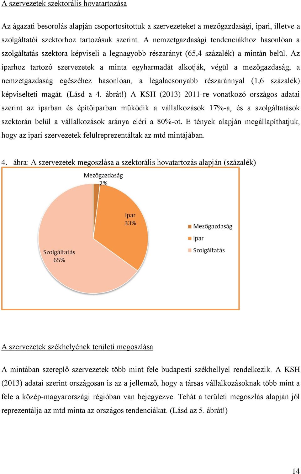 Az iparhoz tartozó szervezetek a minta egyharmadát alkotják, végül a mezőgazdaság, a nemzetgazdaság egészéhez hasonlóan, a legalacsonyabb részaránnyal (1,6 százalék) képviselteti magát. (Lásd a 4.