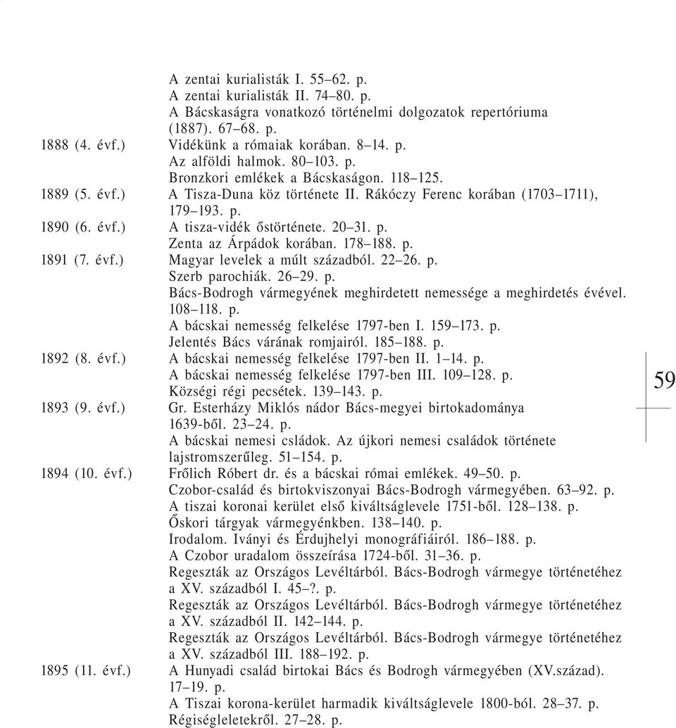 178 188. p. 1891 (7. évf.) Magyar levelek a múlt századból. 22 26. p. Szerb parochiák. 26 29. p. Bács-Bodrogh vármegyének meghirdetett nemessége a meghirdetés évével. 108 118. p. A bácskai nemesség felkelése 1797-ben I.