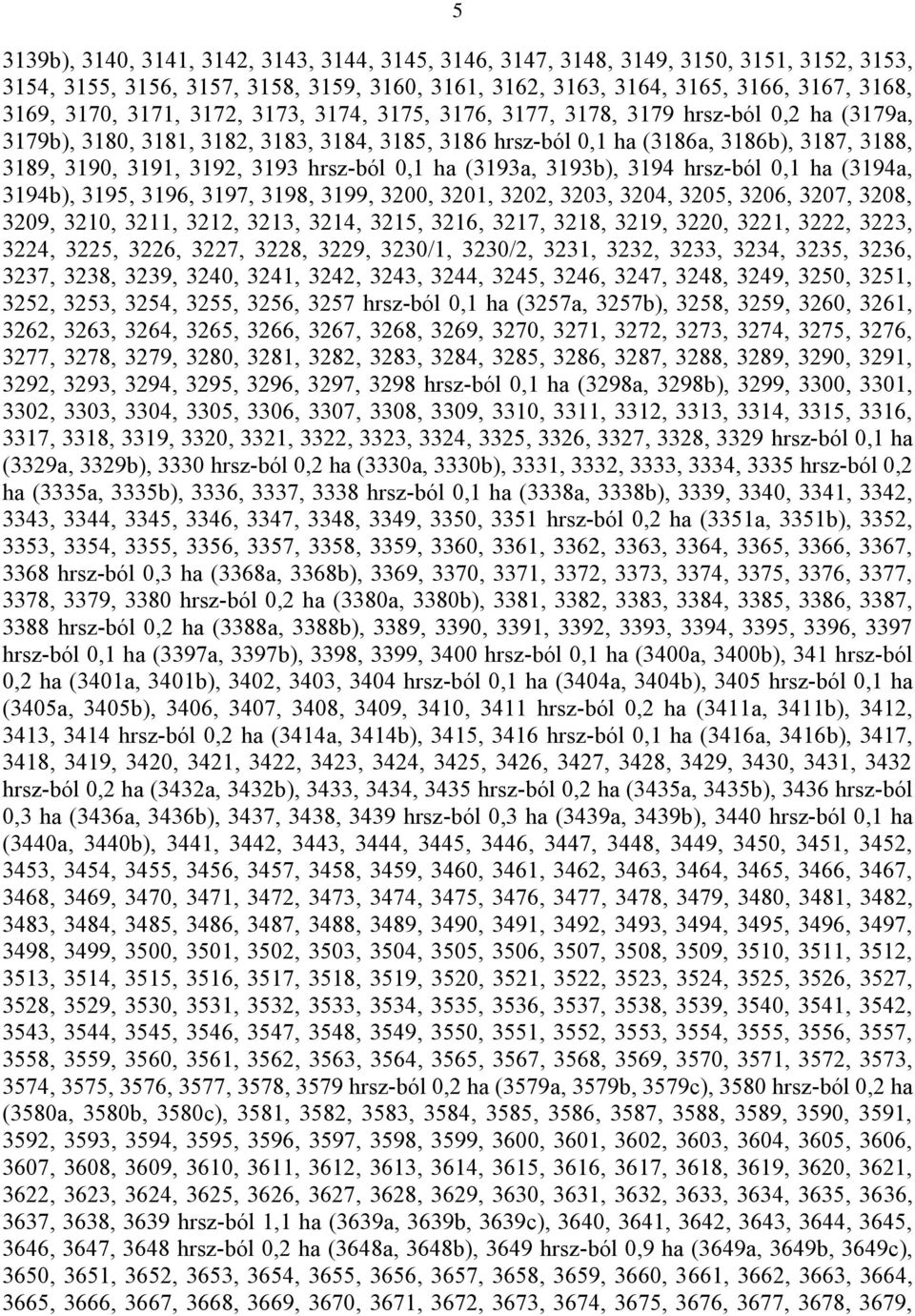 hrsz-ból 0,1 ha (3193a, 3193b), 3194 hrsz-ból 0,1 ha (3194a, 3194b), 3195, 3196, 3197, 3198, 3199, 3200, 3201, 3202, 3203, 3204, 3205, 3206, 3207, 3208, 3209, 3210, 3211, 3212, 3213, 3214, 3215,