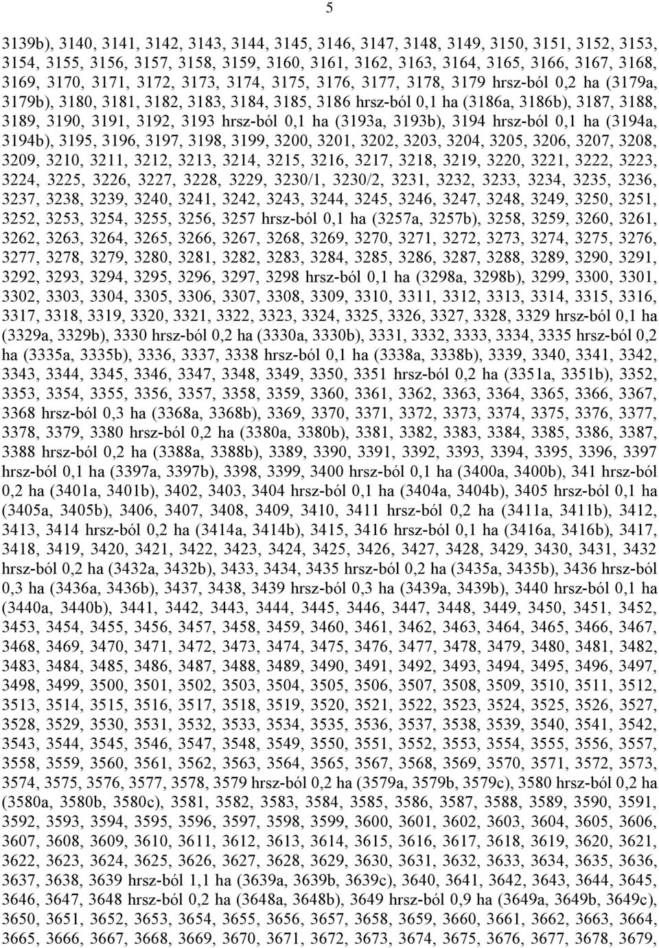 hrsz-ból 0,1 ha (3193a, 3193b), 3194 hrsz-ból 0,1 ha (3194a, 3194b), 3195, 3196, 3197, 3198, 3199, 3200, 3201, 3202, 3203, 3204, 3205, 3206, 3207, 3208, 3209, 3210, 3211, 3212, 3213, 3214, 3215,