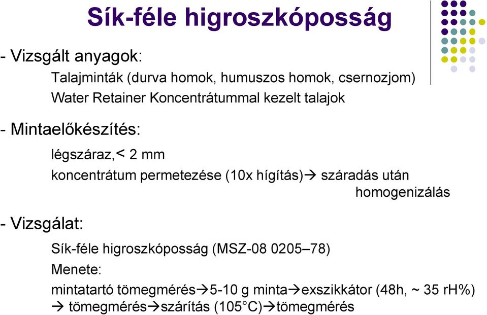 permetezése (10x hígítás) száradás után homogenizálás Sík-féle higroszkóposság (MSZ-08 0205 78) Menete: