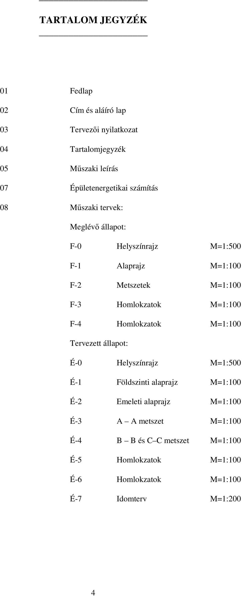 M=1:100 F-4 Homlokzatok M=1:100 Tervezett állapot: É-0 Helyszínrajz M=1:500 É-1 Földszinti alaprajz M=1:100 É-2 Emeleti alaprajz