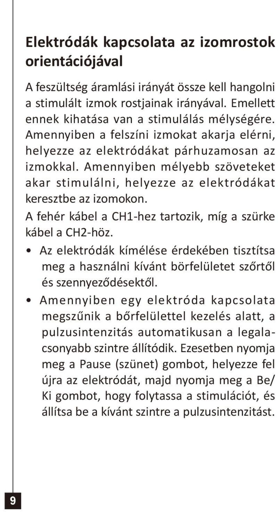 A fehér kábel a CH1-hez tartozik, míg a szürke kábel a CH2-höz. Az elektródák kímélése érdekében tisztítsa meg a használni kívánt börfelületet szőrtől és szennyeződésektől.