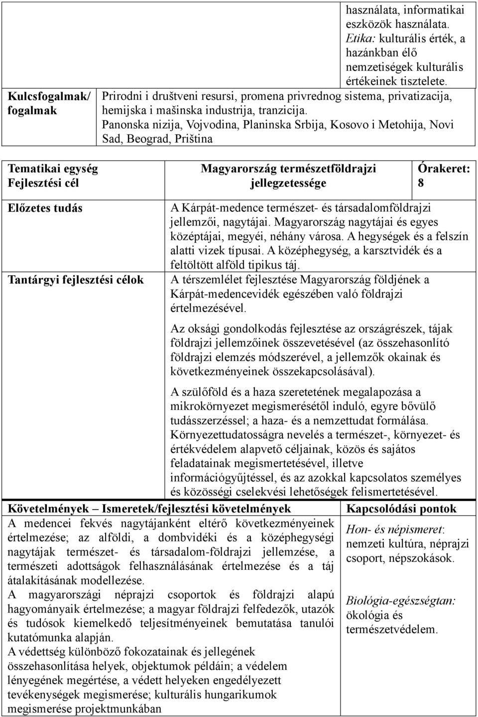 Panonska nizija, Vojvodina, Planinska Srbija, Kosovo i Metohija, Novi Sad, Beograd, Priština Magyarország természetföldrajzi jellegzetessége 8 Tantárgyi fejlesztési célok A Kárpát-medence természet-