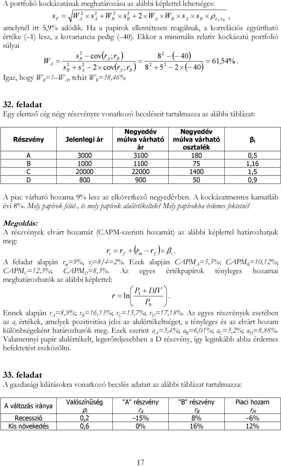 Ekkor a minimális relatív kockázatú portfolió súlyai ( ra; rb ) cov( r ; r ) ( 40) ( 40) sb cov 8 W A 6,54%. sb + s A A B 8 + 5 Igaz, hogy W B W A, tehát W B 38,46% 3.