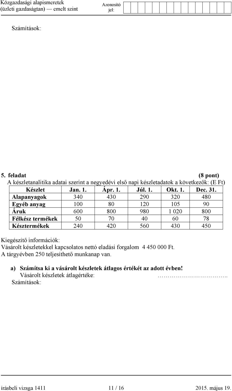 Alapanyagok 340 430 290 320 480 Egyéb anyag 100 80 120 105 90 Áruk 600 800 980 1 020 800 Félkész termékek 50 70 40 60 78 Késztermékek 240 420 560 430 450