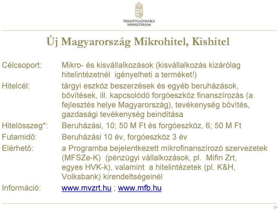 kapcsolódó forgóeszköz finanszírozás (a fejlesztés helye Magyarország), tevékenység bővítés, gazdasági tevékenység beindítása Beruházási, 10; 50 M Ft és forgóeszköz, 6; 50