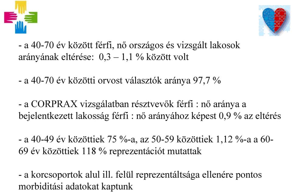 férfi : nő arányához képest 0,9 % az eltérés - a 40-49 év közöttiek 75 %-a, az 50-59 közöttiek 1,12 %-a a 60-69 év