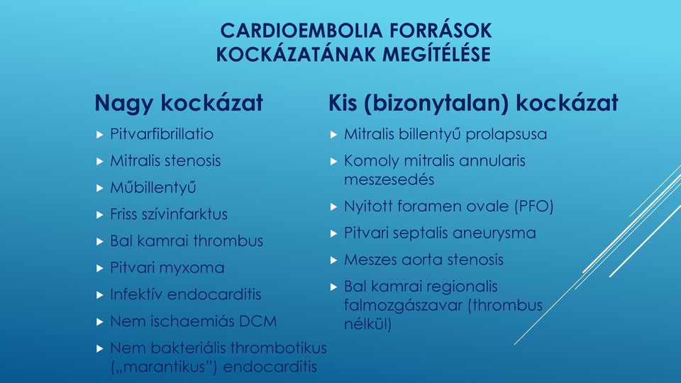 KOCKÁZATÁNAK MEGÍTÉLÉSE Kis (bizonytalan) kockázat Mitralis billentyű prolapsusa Komoly mitralis annularis meszesedés