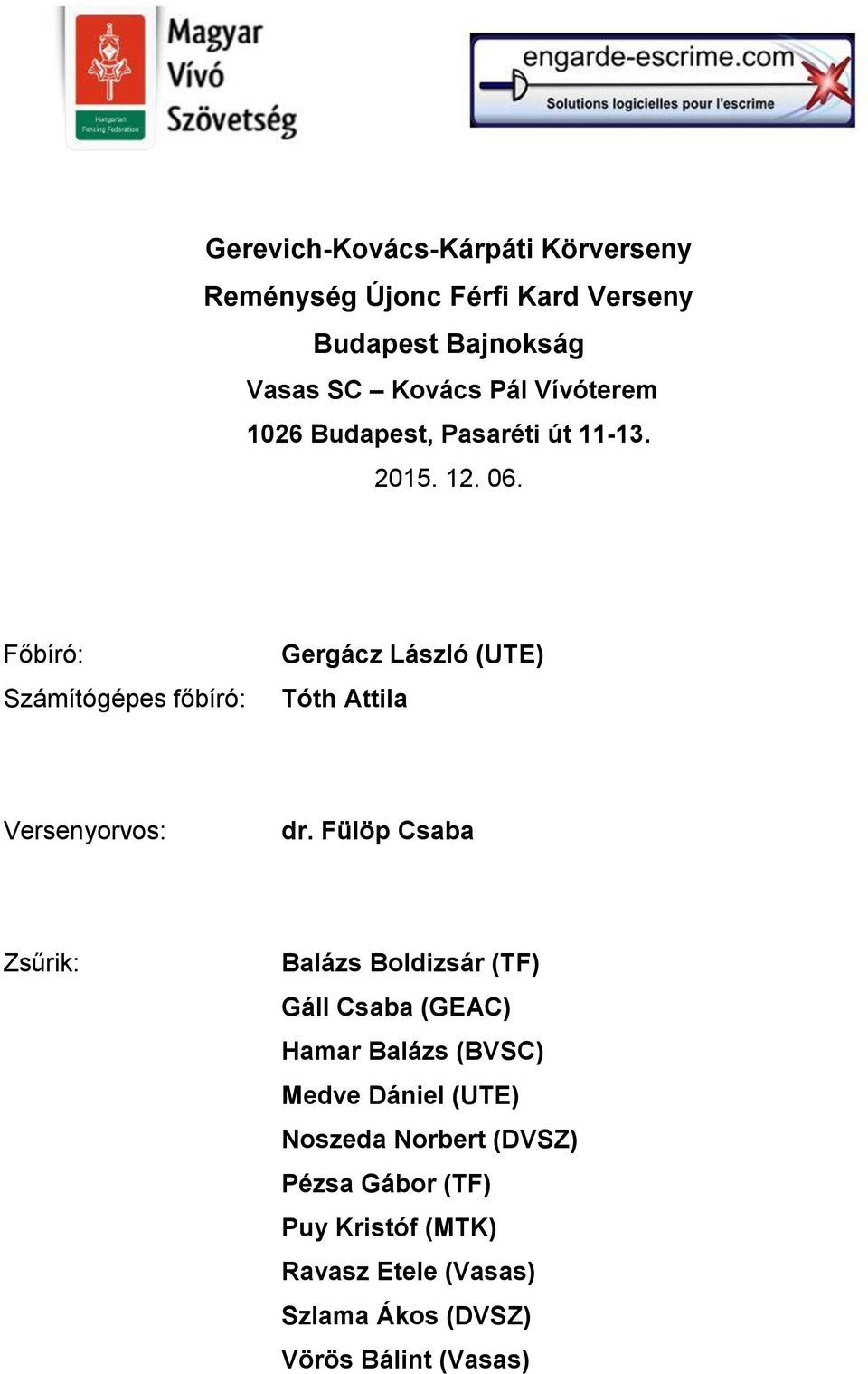 Fülöp Csaba Zsűrik: Balázs Boldizsár (TF) Gáll Csaba (GEAC) Hamar Balázs (BVSC) Medve Dániel (UTE)