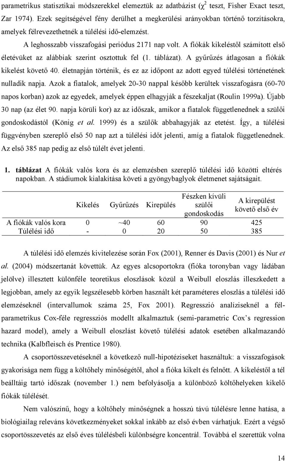 A fiókák kikeléstől számított első életévüket az alábbiak szerint osztottuk fel (1. táblázat). A gyűrűzés átlagosan a fiókák kikelést követő 40.