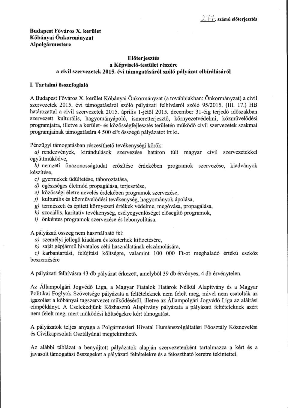 évi támogatásáról szóló pályázati felhívásról szóló 95/2015. (III. 17.) HB határozattal a civil szervezetek 2015. április l-jétől 2015.