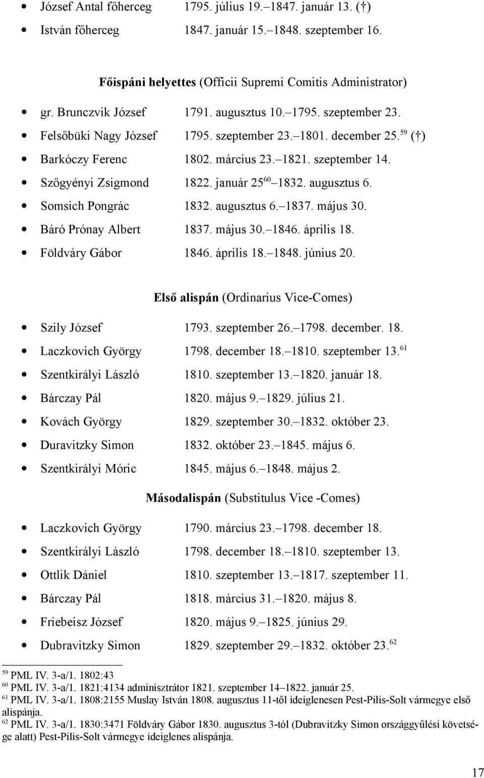 január 25 60 1832. augusztus 6. Somsich Pongrác 1832. augusztus 6. 1837. május 30. Báró Prónay Albert 1837. május 30. 1846. április 18. Földváry Gábor 1846. április 18. 1848. június 20.