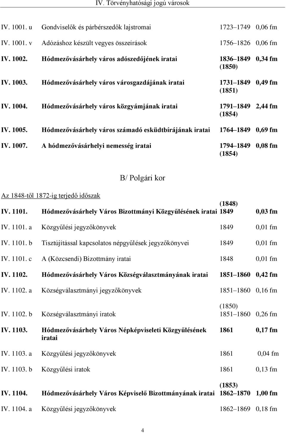 Hódmezővásárhely város közgyámjának 1791 1849 2,44 fm (1854) IV. 1005. Hódmezővásárhely város számadó esküdtbírájának 1764 1849 0,69 fm IV. 1007.